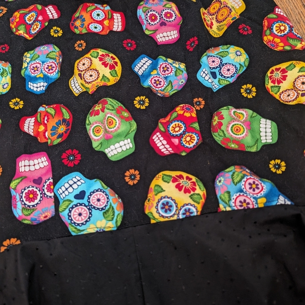 Vintage Handmade Black Dress with Sugar Skulls, Apron Closure - Picture 2 of 5